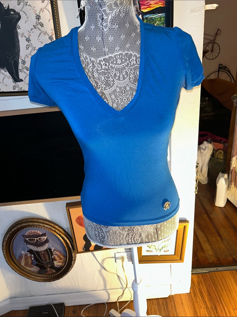 Roberto Cavalli Electric Blue V-Neck Short Sleeve Tee